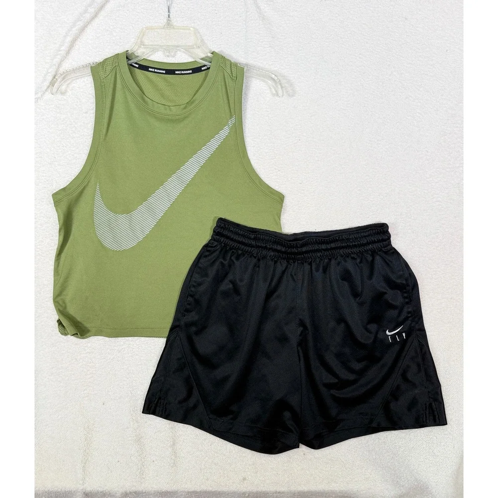 Nike Womens Dri-FIT Running Tank and Fly Shorts Set Olive Green Black Medium